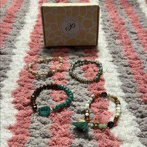 Beaded Bracelet Set Of Four with Gold, Pastel Pink and Green Accents